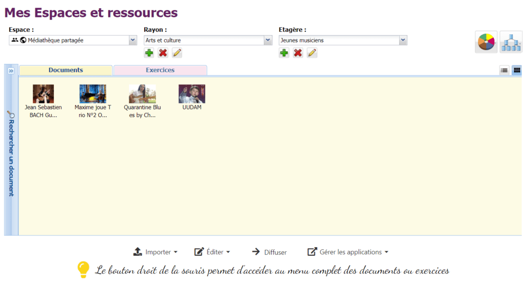 Capture d’écran de l’espace enseignant Wizzbe : gestion des espaces et des ressources
